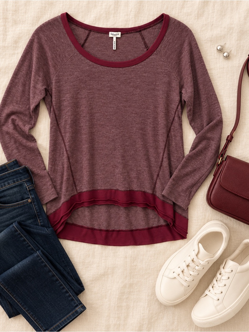 Splendid Maroon Layered-Hem Scoop Neck Long Sleeve Top